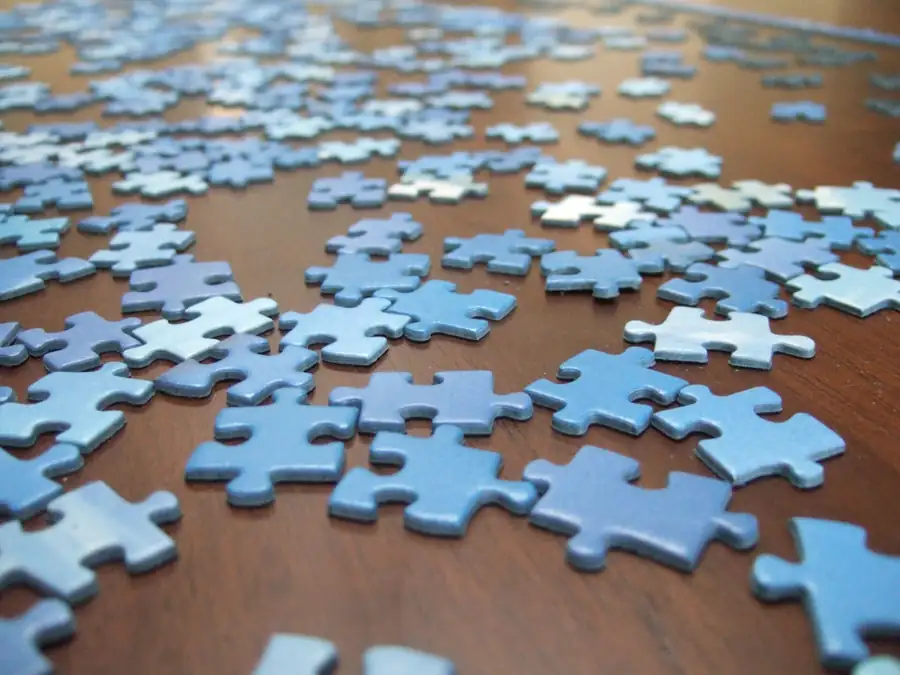 Loose blue jigsaw pieces scattered across a table